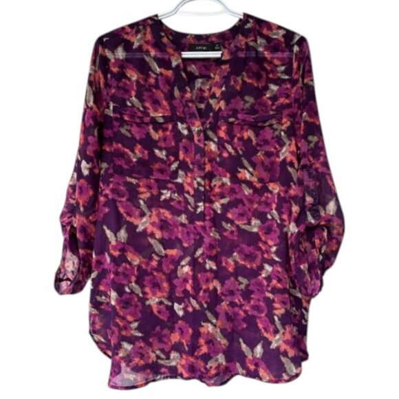 Apt.9 purple floral V-neck tunic semi-sheer blouse size M - Picture 2 of 6